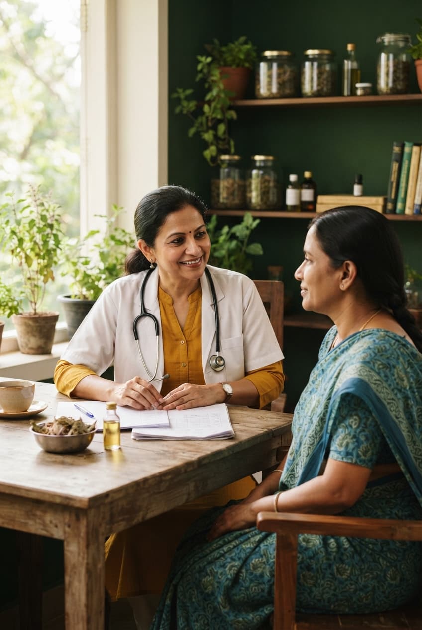 Doctor and woman in a blue-green sari converse at a wooden table in a warmly lit herbal consultation room.